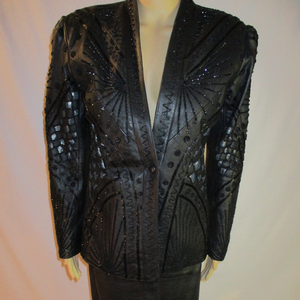 Black Leather 2 Piece Skirt Suit